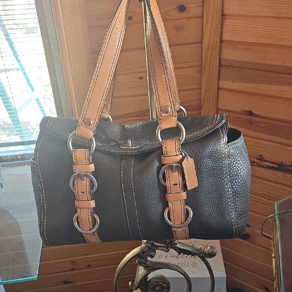 Coach Dark Brown Satchel Leather with Tan Straps